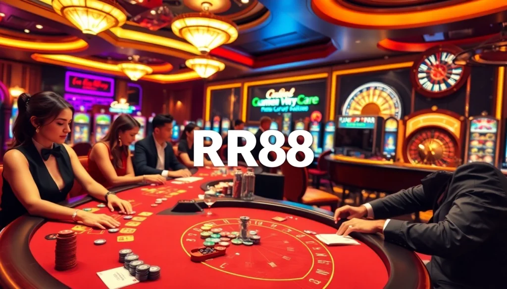 RR88 casino scene showcasing vibrant gaming tables, professional players, and exciting atmosphere.