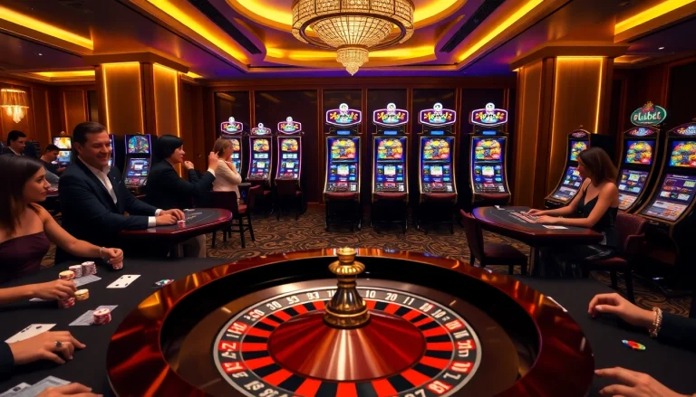 Exciting Kubet casino gaming room with roulette, poker tables, and vibrant slot machines.