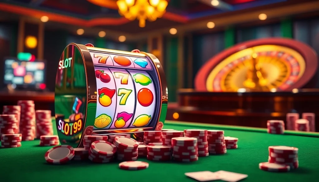 SLOT99 captivates with vibrant slot machines and a roulette wheel in a luxurious casino atmosphere.