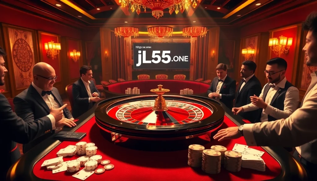 Experience a thrilling casino ambiance at https://www.jl55.one/ with a luxurious roulette table, poker chips, and eager players.