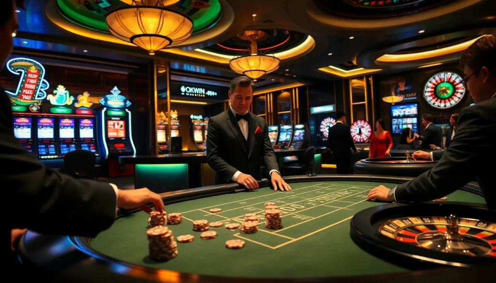 Players engage in high-stakes poker at Nhà Cái OKWIN’s luxurious casino table, showcasing excitement and professionalism.