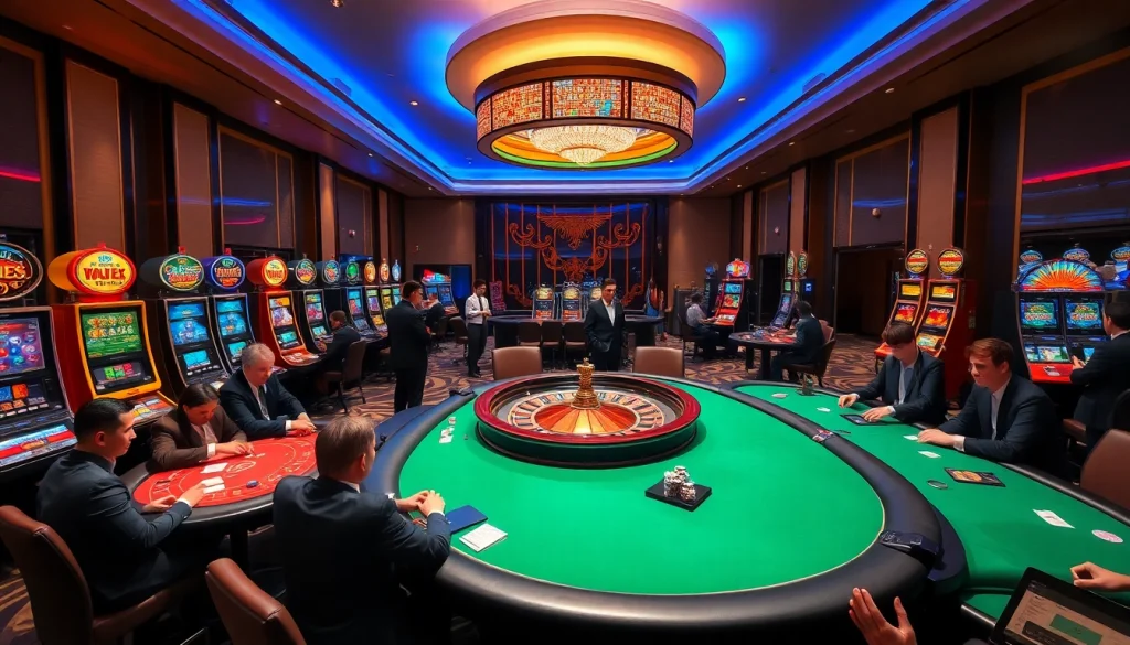 Exciting BK8 เว็บตรง casino scene with slot machines, poker tables, and vibrant atmosphere.