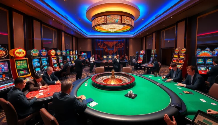 Exciting BK8 เว็บตรง casino scene with slot machines, poker tables, and vibrant atmosphere.