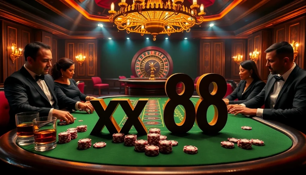 Experience the thrill at XX88's luxurious poker table with high-stakes chips and elegant players.