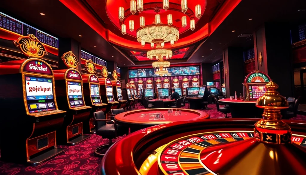 Experience the thrill of gojekpot with vibrant slot machines and poker tables in a luxurious casino.