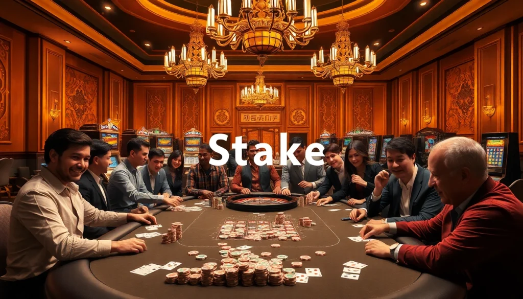 משחקני הימורים מעורבים על שולחן פוקר בהימור גבוה בהשראת Stake סוכן עם חזות קזינו ססגונית.