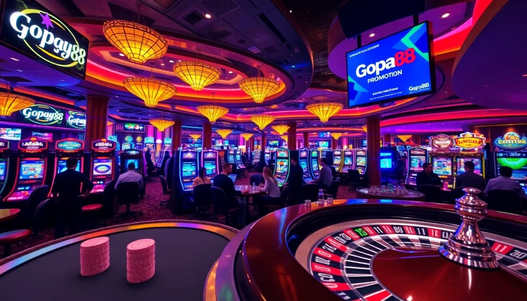 Players engaging with Gopay88 slot machines in a vibrant casino atmosphere.