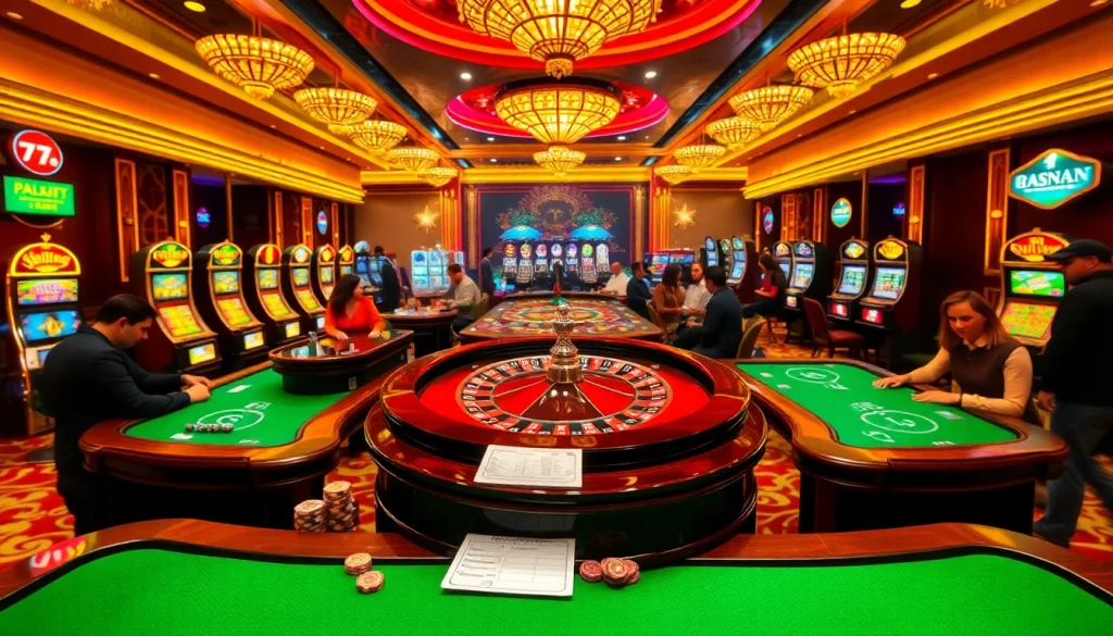 Engaging players at luxurious tables in a vibrant casino scene with 77jili7 com branding.