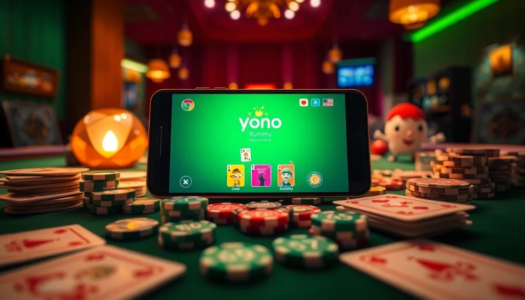 Experience the excitement of Yono Rummy with vibrant gaming visuals and colorful cards.