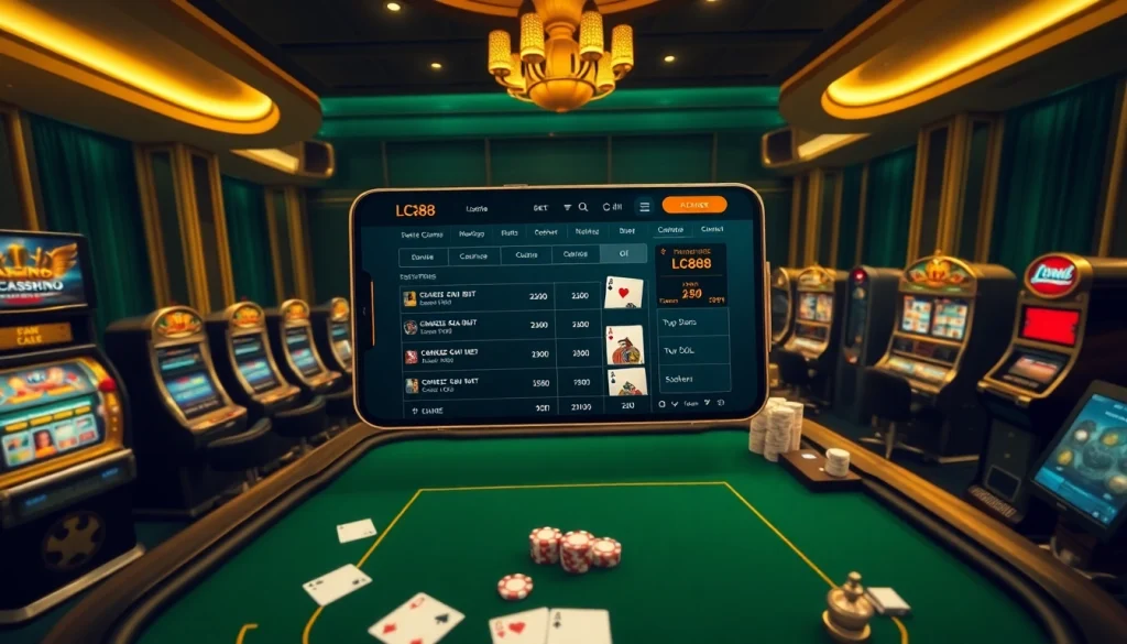 Experience the thrill of betting with app lc88 at a luxurious casino table filled with cards and chips.