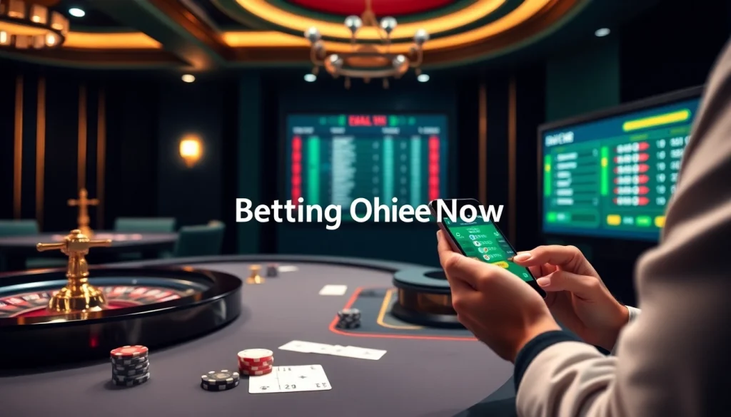 Experience Betting Online Now at a luxurious casino table with live betting odds and poker elements.