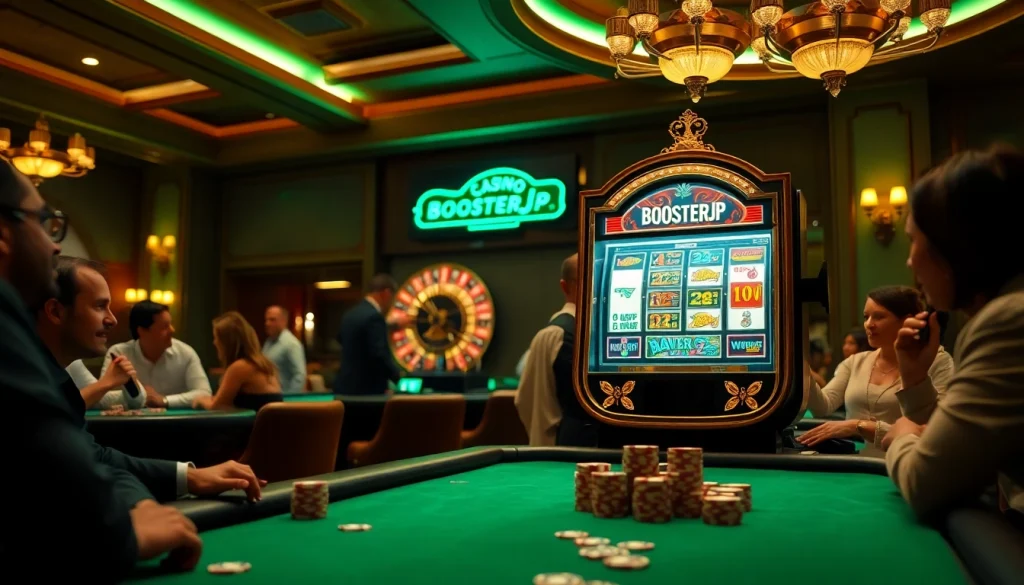 Experience the thrill of boosterjp with players enjoying high-stakes gambling at a luxurious casino.