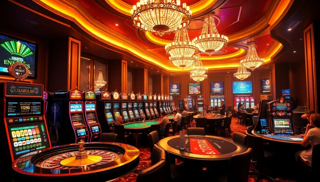 Gamblers strategizing at a vibrant casino featuring nh88 elements like tables and slot machines.