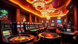 Gamblers strategizing at a vibrant casino featuring nh88 elements like tables and slot machines.