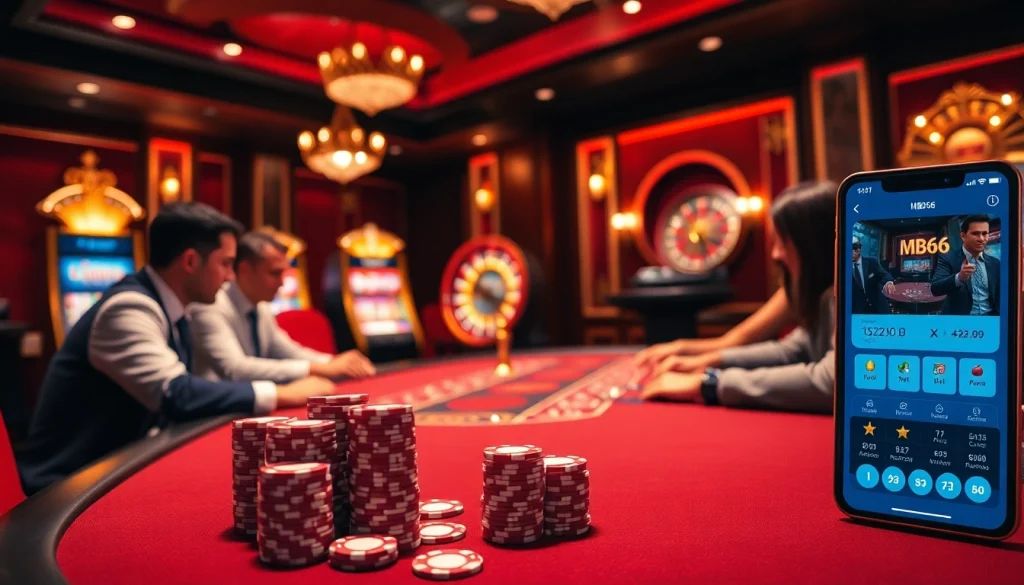 Winning at poker and slots with the MB66 app at an elegant casino scene.