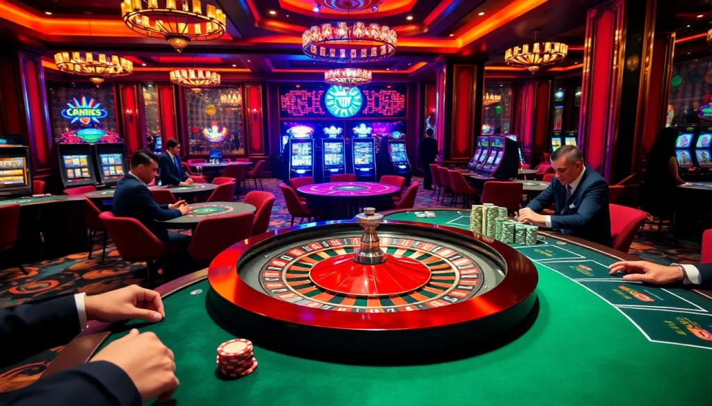 Experience the excitement of Luckywin at a vibrant casino featuring roulette wheels and poker tables.