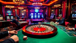 Experience the excitement of Luckywin at a vibrant casino featuring roulette wheels and poker tables.