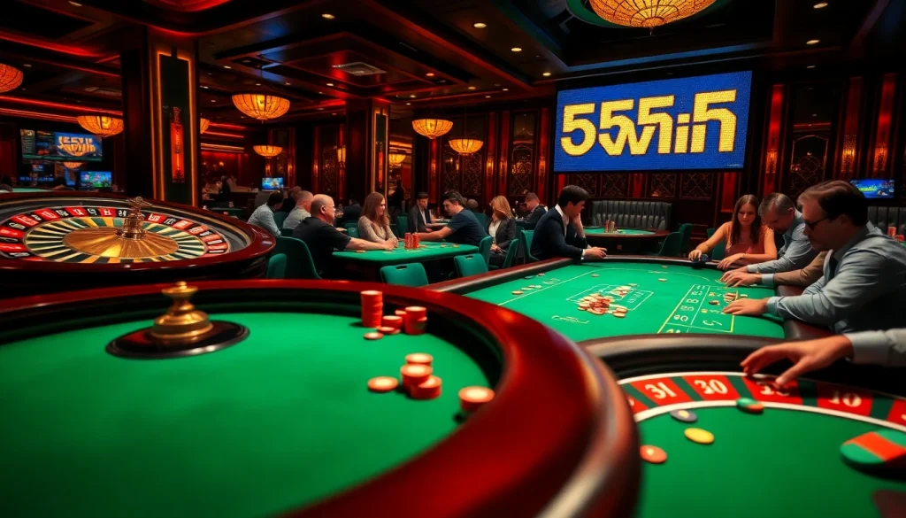 Engaging scene in a luxury casino featuring 555 win excitement with poker tables and vibrant chips.