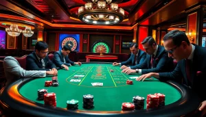 Engaging poker players at Gemwin blog's exciting casino scene with vibrant colors.