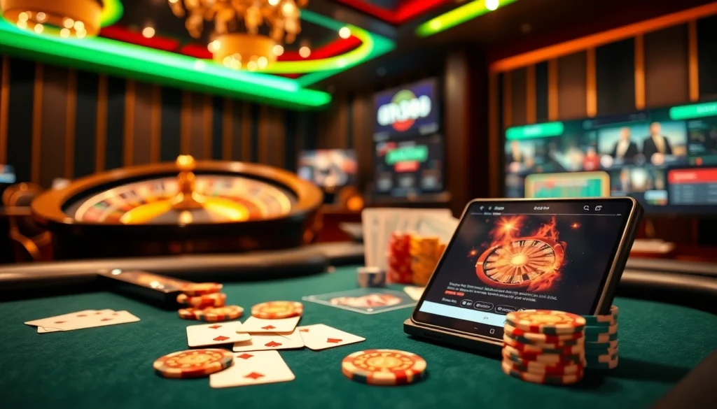 Engaging scene of nhà cái dr88 with poker chips and a roulette wheel, perfect for online gambling excitement.