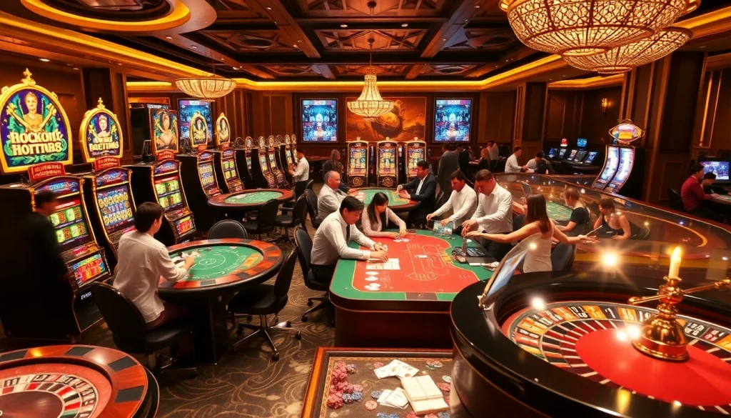 Man88 casino experience with players at engaging slot machines and poker tables.