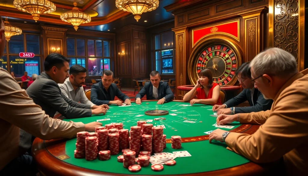 Players strategizing at a gamebai table surrounded by vibrant poker chips and cards.