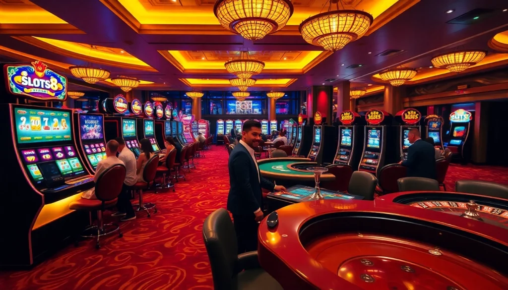 SLOTS8 players enjoying vibrant slot machines in an elegant casino setting.