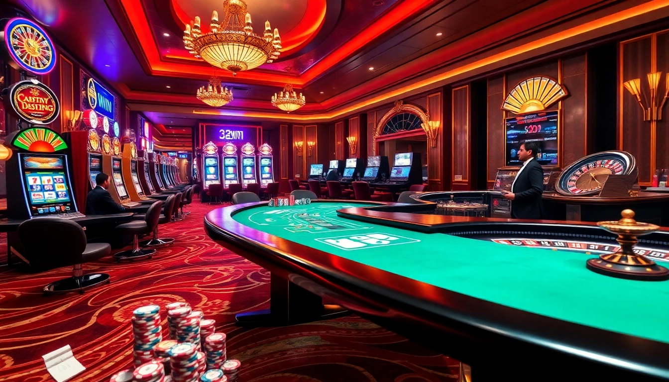 Experience the thrill of a 32WIN casino with dynamic games, vibrant slot machines, and strategic card play.