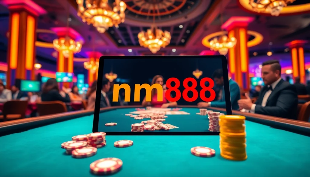 Play poker at a lavish casino featuring the mm88 link on a sleek tablet amidst colorful chips.