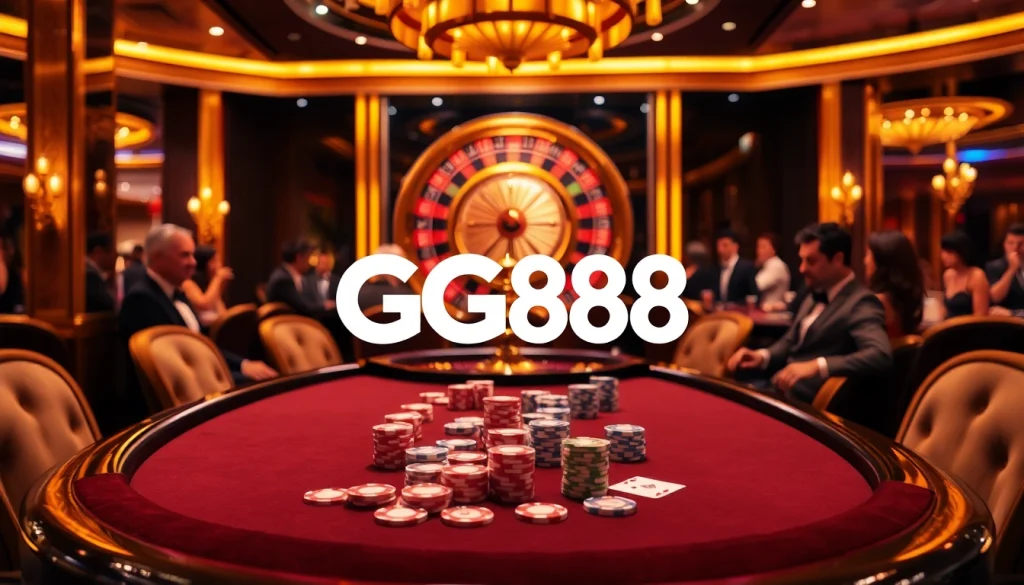 GG88 logo prominently displayed at a vibrant casino poker table filled with intricate details.