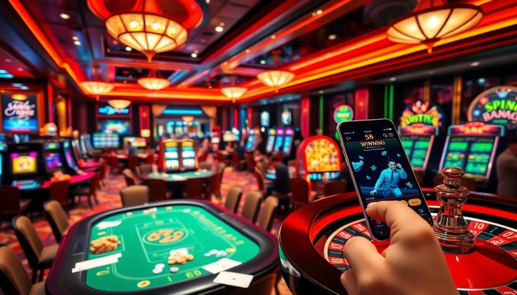 Win big at 58win with a dynamic casino scene showcasing vibrant gaming tables and slots.