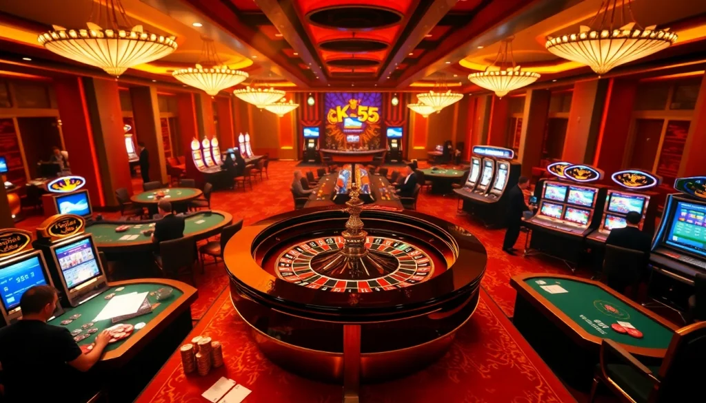 Experience the vibrant gambling atmosphere at KK55, featuring poker tables and slot machines full of excitement.